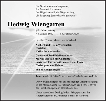 Traueranzeige von Hedwig Wiengarten von Die Glocke