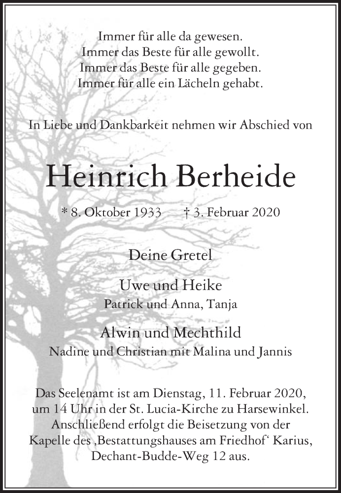  Traueranzeige für Heinrich Berheide vom 08.02.2020 aus Die Glocke