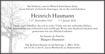 Traueranzeige von Heinrich Husmann von Die Glocke