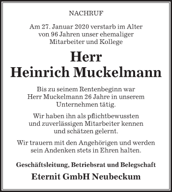 Traueranzeige von Heinrich Muckelmann von Die Glocke