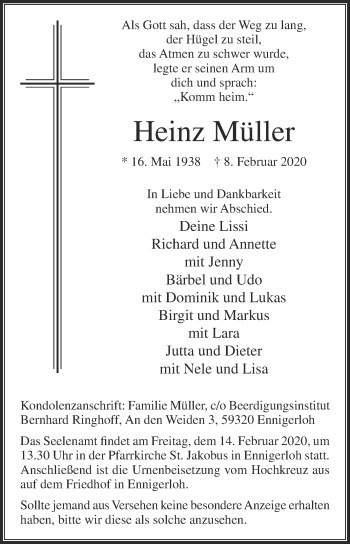 Traueranzeige von Heinz Müller von Die Glocke
