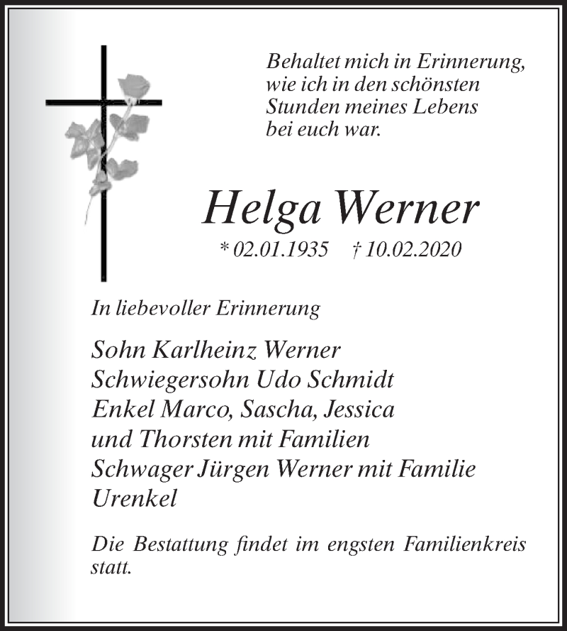  Traueranzeige für Helga Werner vom 12.02.2020 aus Die Glocke