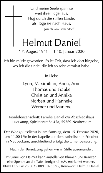 Traueranzeige von Helmut Daniel von Die Glocke