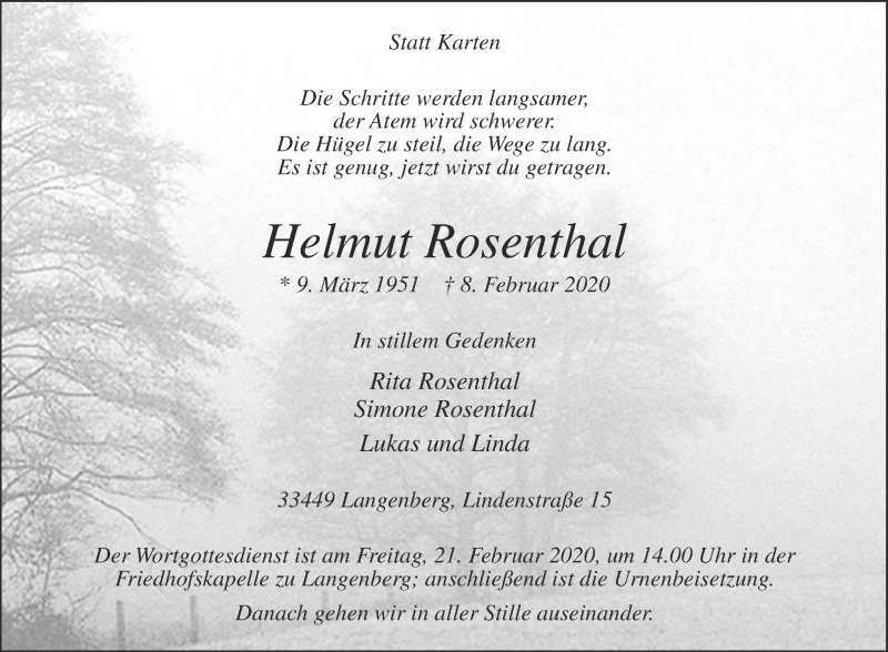  Traueranzeige für Helmut Rosenthal vom 18.02.2020 aus Die Glocke
