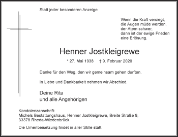 Traueranzeige von Henner Jostkleigrewe von Die Glocke