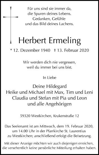 Traueranzeige von Herbert Ermeling von Die Glocke