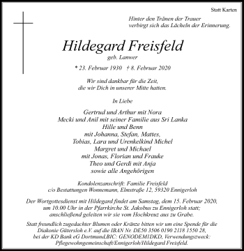 Traueranzeige von Hildegard Freisfeld von Die Glocke