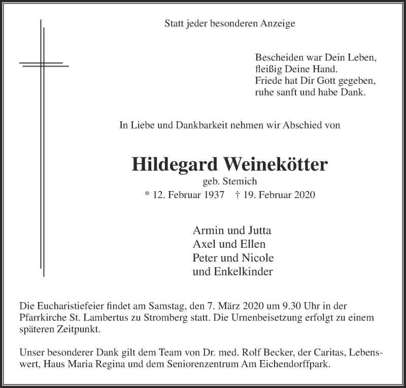  Traueranzeige für Hildegard Weinekötter vom 29.02.2020 aus Die Glocke