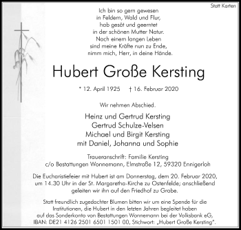 Traueranzeige von Hubert Große Kersting von Die Glocke