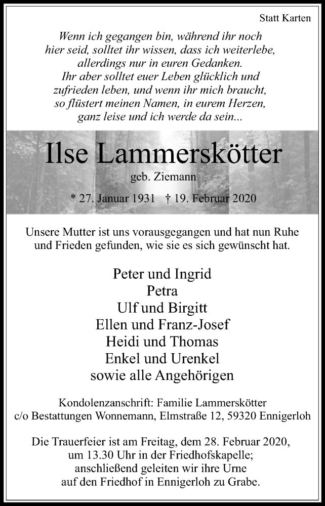  Traueranzeige für Ilse Lammerskötter vom 22.02.2020 aus Die Glocke