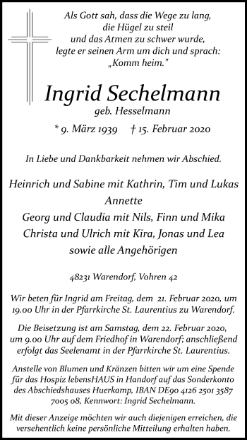 Traueranzeige von Ingrid Sechelmann von Die Glocke