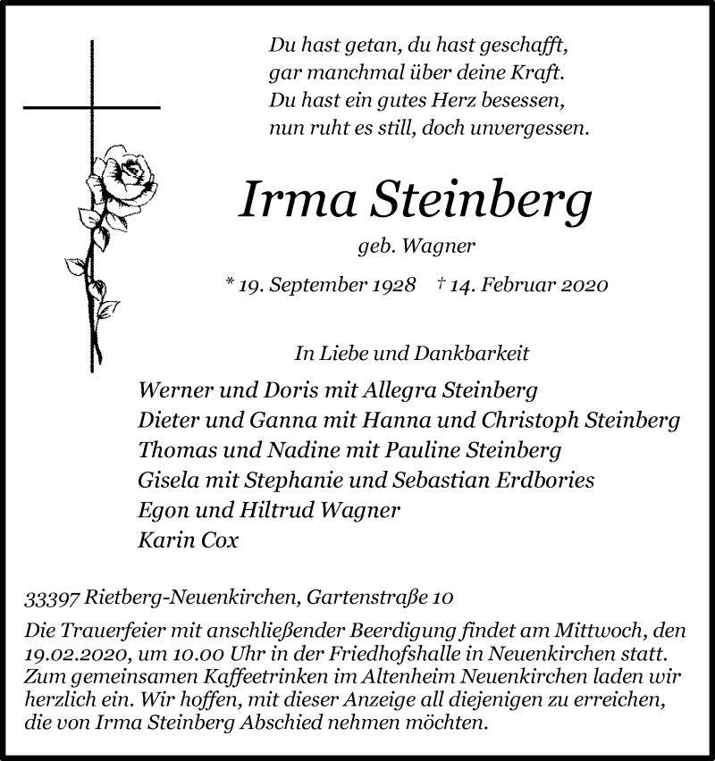  Traueranzeige für Irma Steinberg vom 17.02.2020 aus Die Glocke
