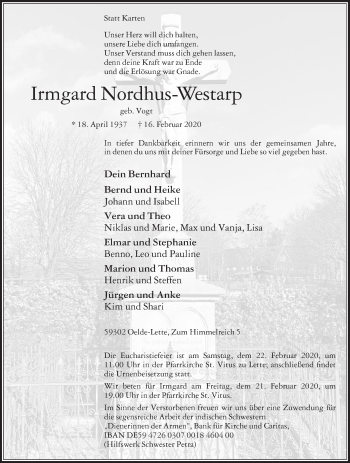 Traueranzeige von Irmgard Nordhus-Westarp von Die Glocke