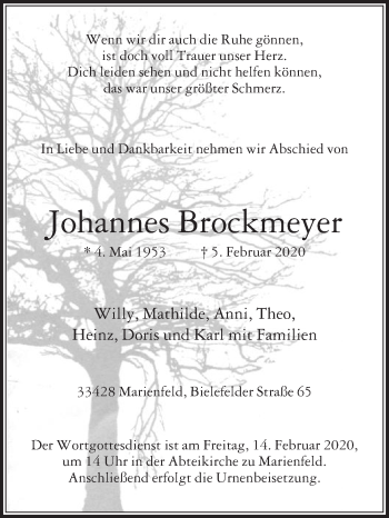 Traueranzeige von Johannes Brockmeyer von Die Glocke