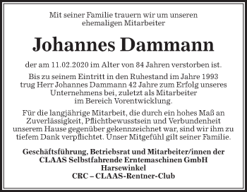 Traueranzeige von Johannes Dammann von Die Glocke