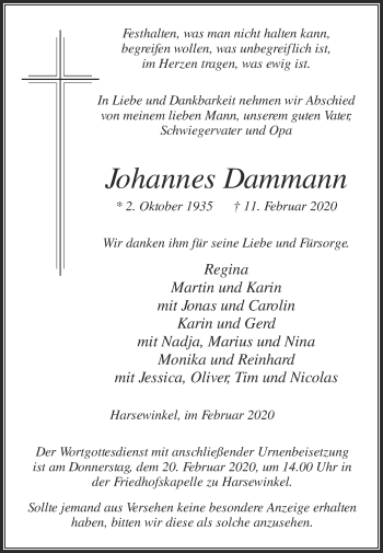 Traueranzeige von Johannes Dammann von Die Glocke