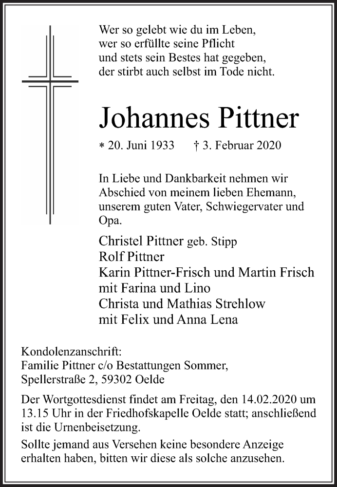  Traueranzeige für Johannes Pittner vom 08.02.2020 aus Die Glocke