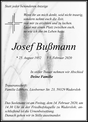 Traueranzeige von Josef Bußmann von Die Glocke