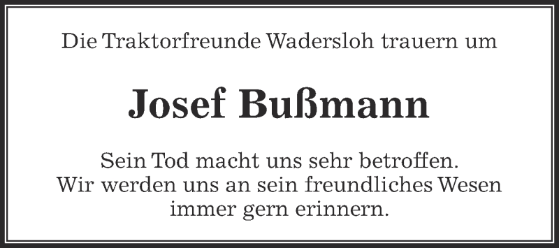 Traueranzeige für Josef Bußmann vom 14.02.2020 aus Die Glocke