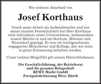 Traueranzeige von Josef Korthaus von Die Glocke