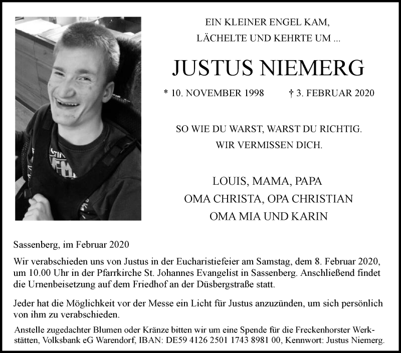  Traueranzeige für Justus Niemerg vom 05.02.2020 aus Die Glocke
