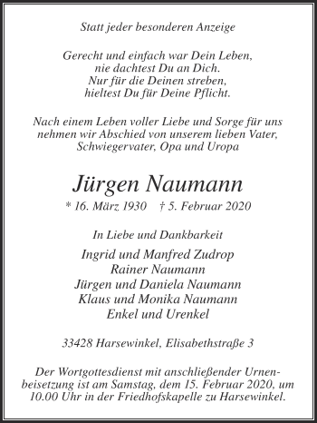 Traueranzeige von Jürgen Naumann von Die Glocke