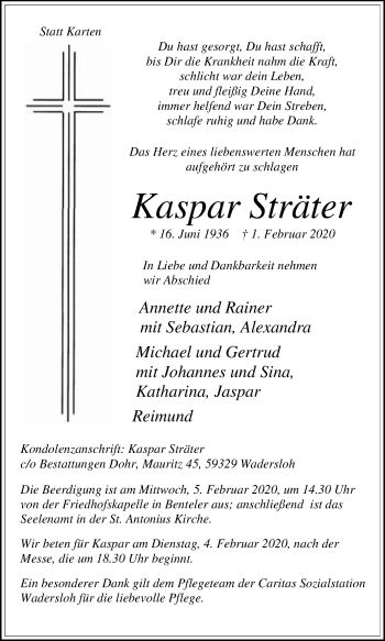 Traueranzeige von Kaspar Sträter von Die Glocke