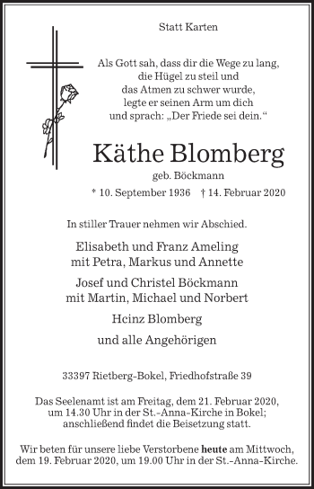 Traueranzeige von Käthe Blomberg von Die Glocke