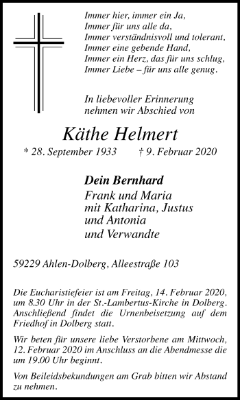 Traueranzeige von Käthe Helmert von Die Glocke