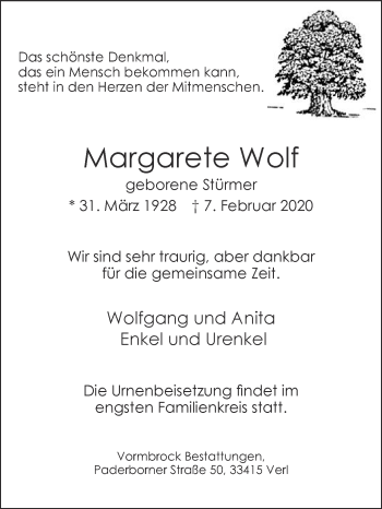 Traueranzeige von Margarete Wolf von Die Glocke