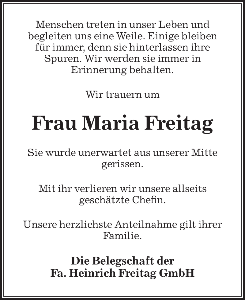  Traueranzeige für Maria Freitag vom 08.02.2020 aus Die Glocke