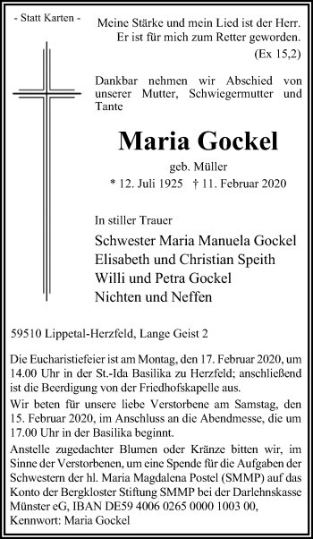 Traueranzeige von Maria Gockel von Die Glocke