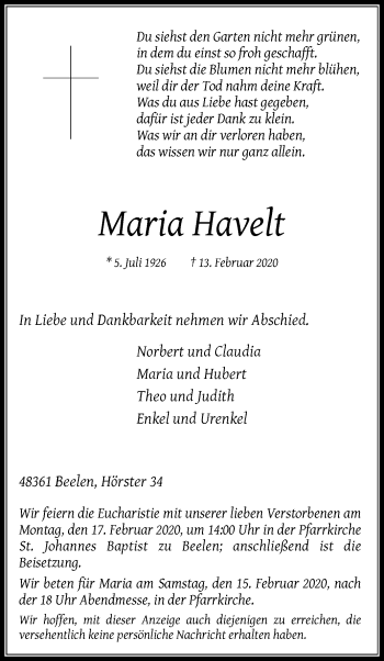 Traueranzeige von Maria Havelt von Die Glocke