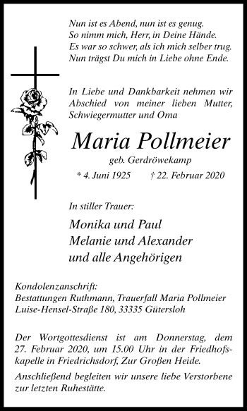 Traueranzeige von Maria Pollmeier von Die Glocke