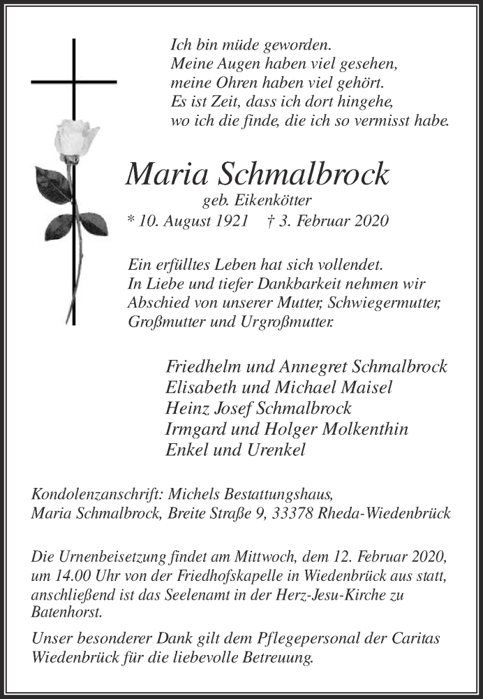  Traueranzeige für Maria Schmalbrock vom 08.02.2020 aus Die Glocke
