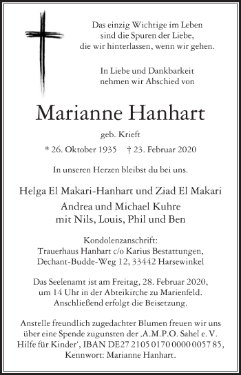 Traueranzeige von Marianne Hanhart von Die Glocke