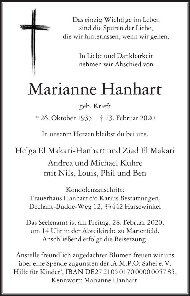  Traueranzeige für Marianne Hanhart vom 25.02.2020 aus Die Glocke