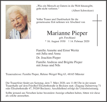 Traueranzeige von Marianne Pieper von Die Glocke