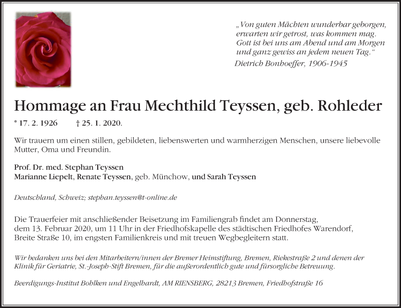  Traueranzeige für Mechthild Teyssen vom 01.02.2020 aus Die Glocke