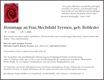 Traueranzeige von Mechthild Teyssen von Die Glocke