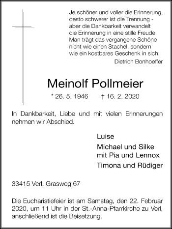Traueranzeige von Meinolf Pollmeier von Die Glocke
