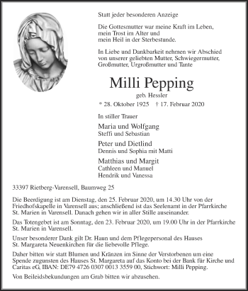 Traueranzeige von Milli Pepping von Die Glocke