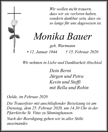 Traueranzeige von Monika Bauer von Die Glocke