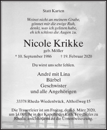 Traueranzeige von Nicole Krikke von Die Glocke