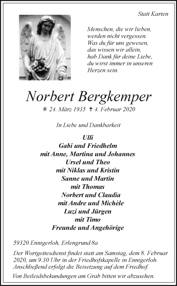  Traueranzeige für Norbert Bergkemper vom 06.02.2020 aus Die Glocke