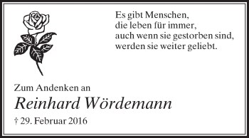 Traueranzeige von Reinhard Wördemann von Die Glocke