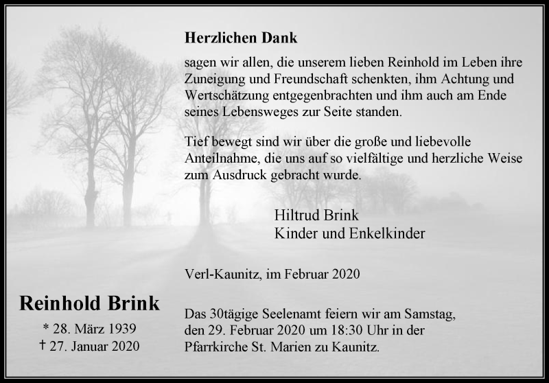 Traueranzeige für Reinhold Brink vom 26.02.2020 aus Die Glocke
