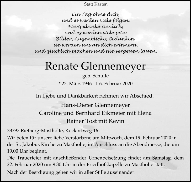  Traueranzeige für Renate Glennemeyer vom 15.02.2020 aus Die Glocke