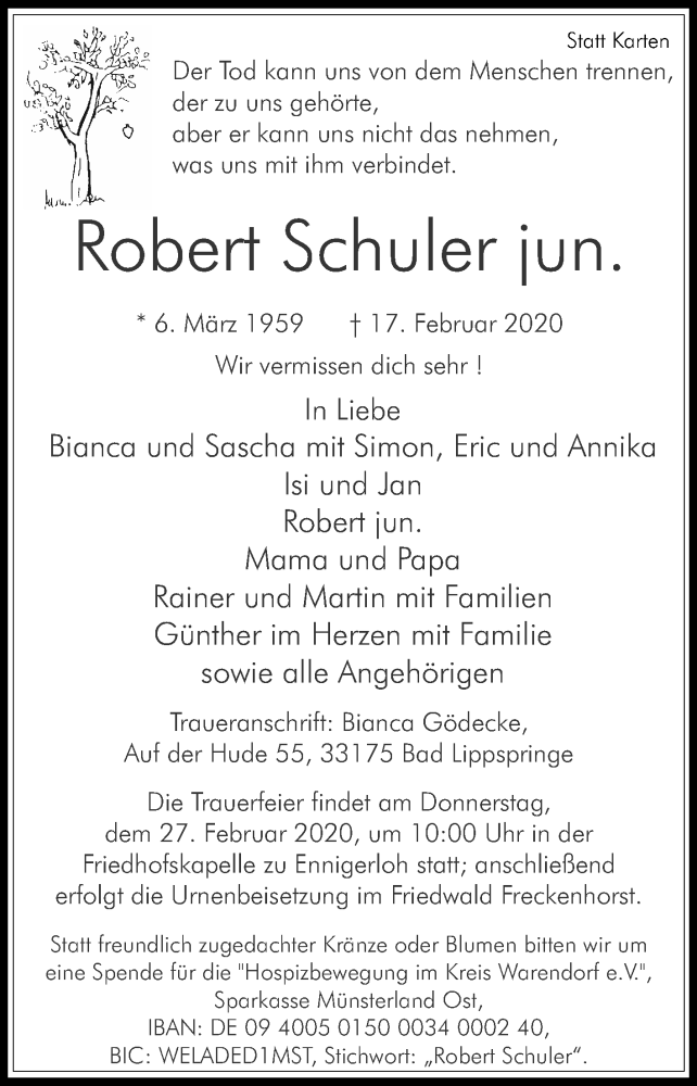  Traueranzeige für Robert Schuler vom 22.02.2020 aus Die Glocke