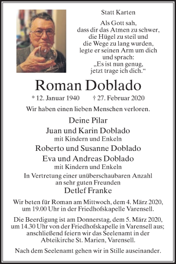 Traueranzeige von Roman Doblado von Die Glocke
